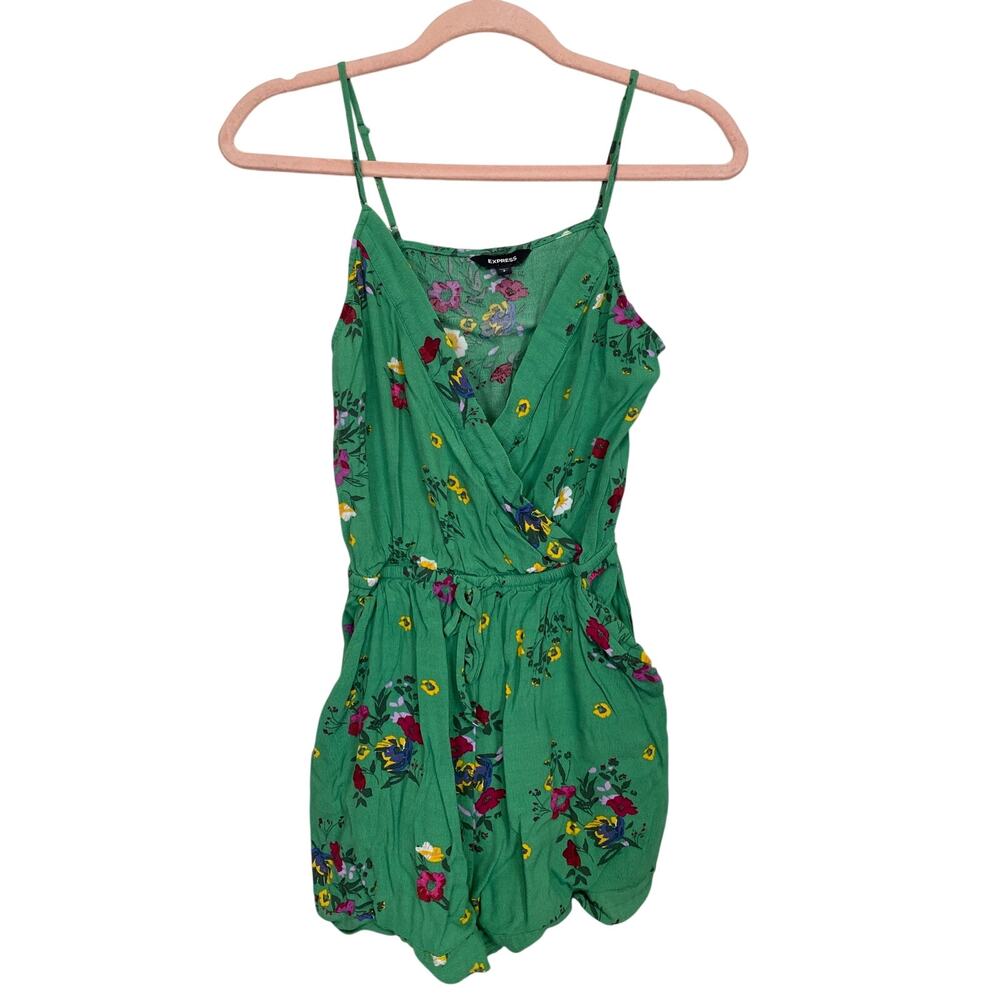 Express Women Green Floral Romper Elastic Waist Pockets Size S